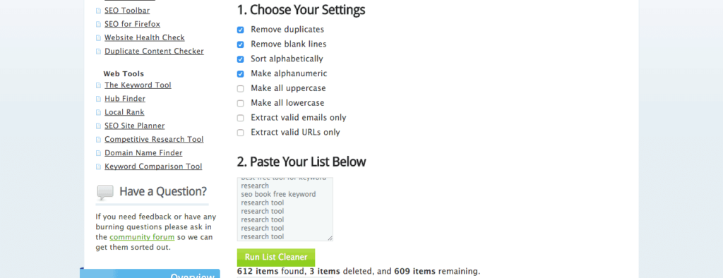 Clean keyword lists seo book tool